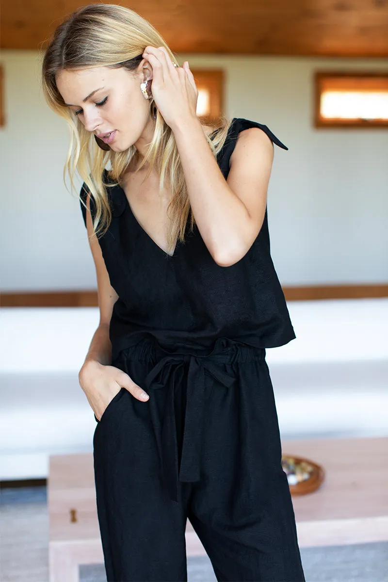 Tie Shoulder Mod Top - Black Linen