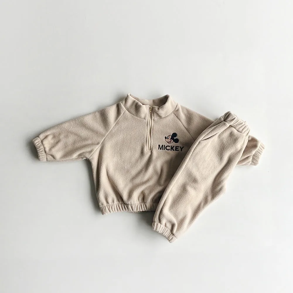 Toddler Mickey Embroidered Half Zip Fleece Top and Jogger Pants Set (1-6y) - Beige