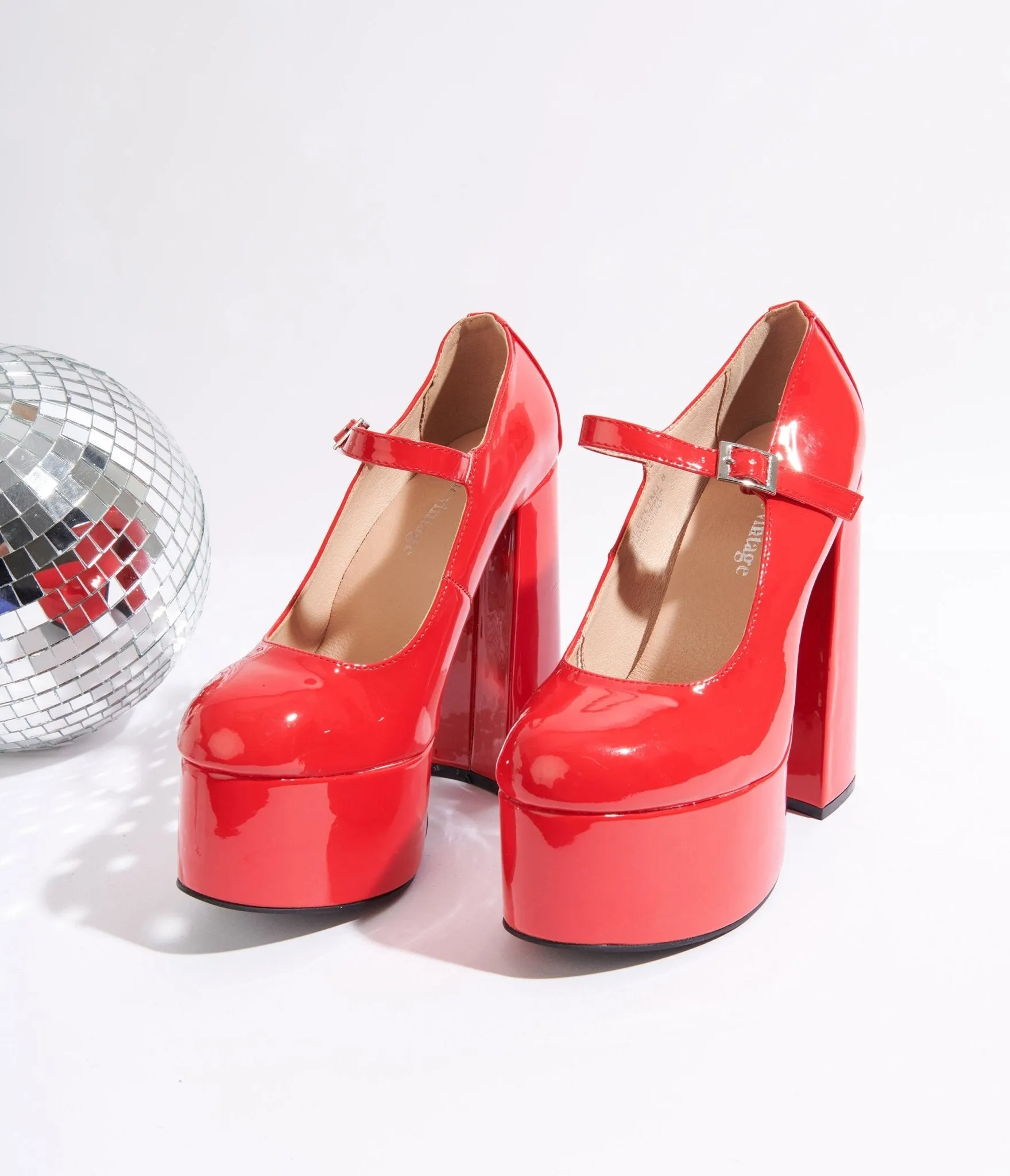 Unique Vintage Red Patent Leatherette Platform Mary Jane Heels