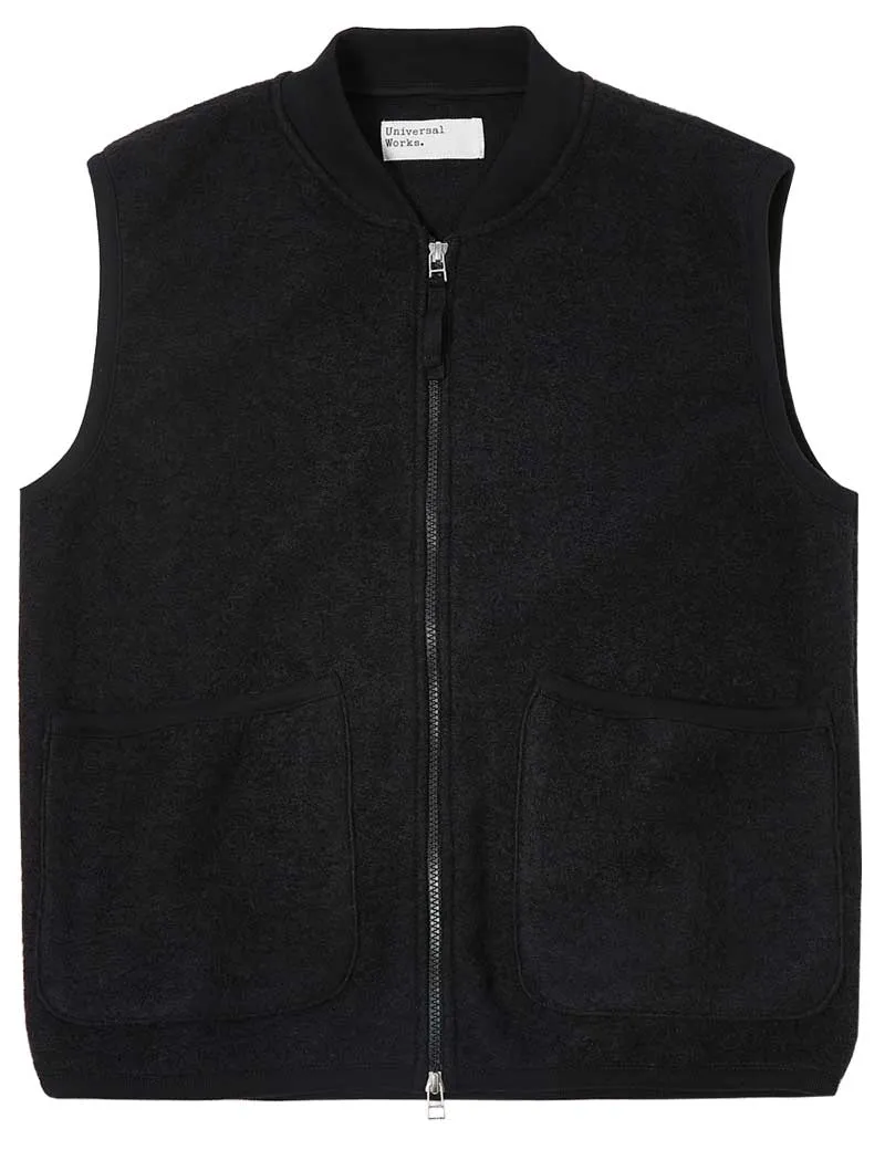 Universal Works Zip Waistcoat Black Wool Fleece