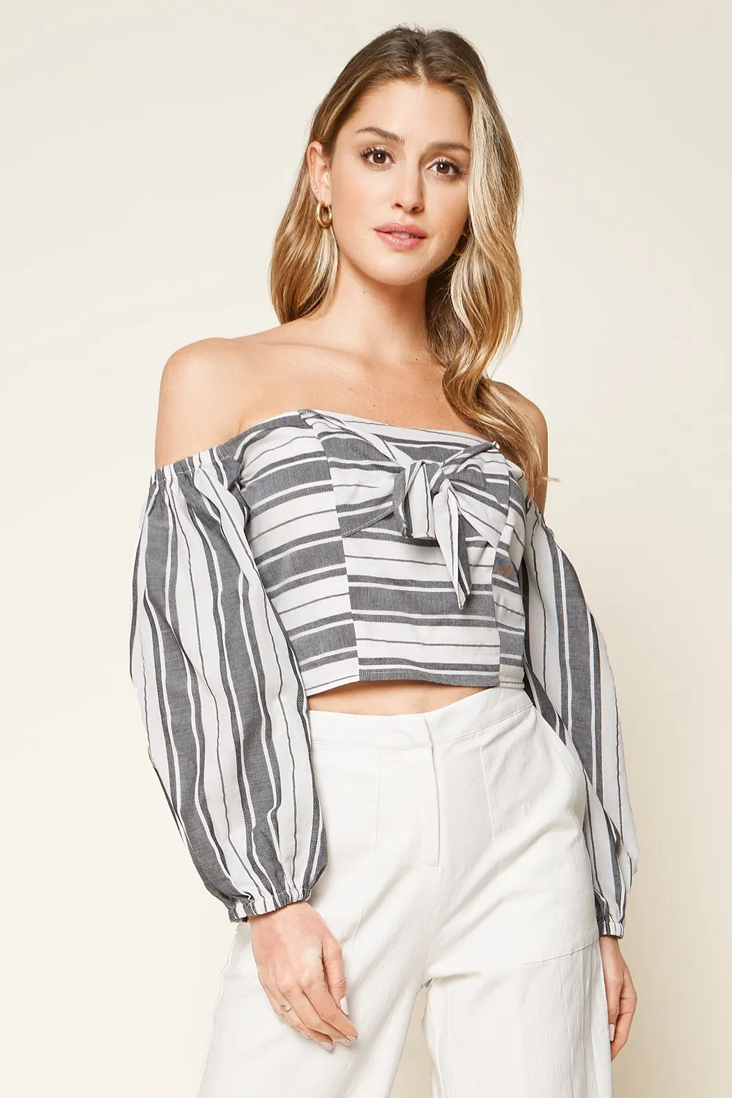 Urisa Black Striped Off The Shoulder Crop Top