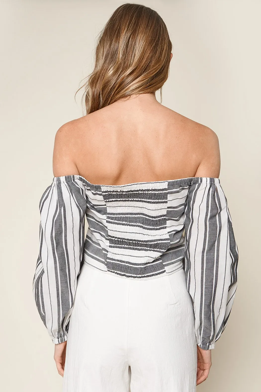 Urisa Black Striped Off The Shoulder Crop Top