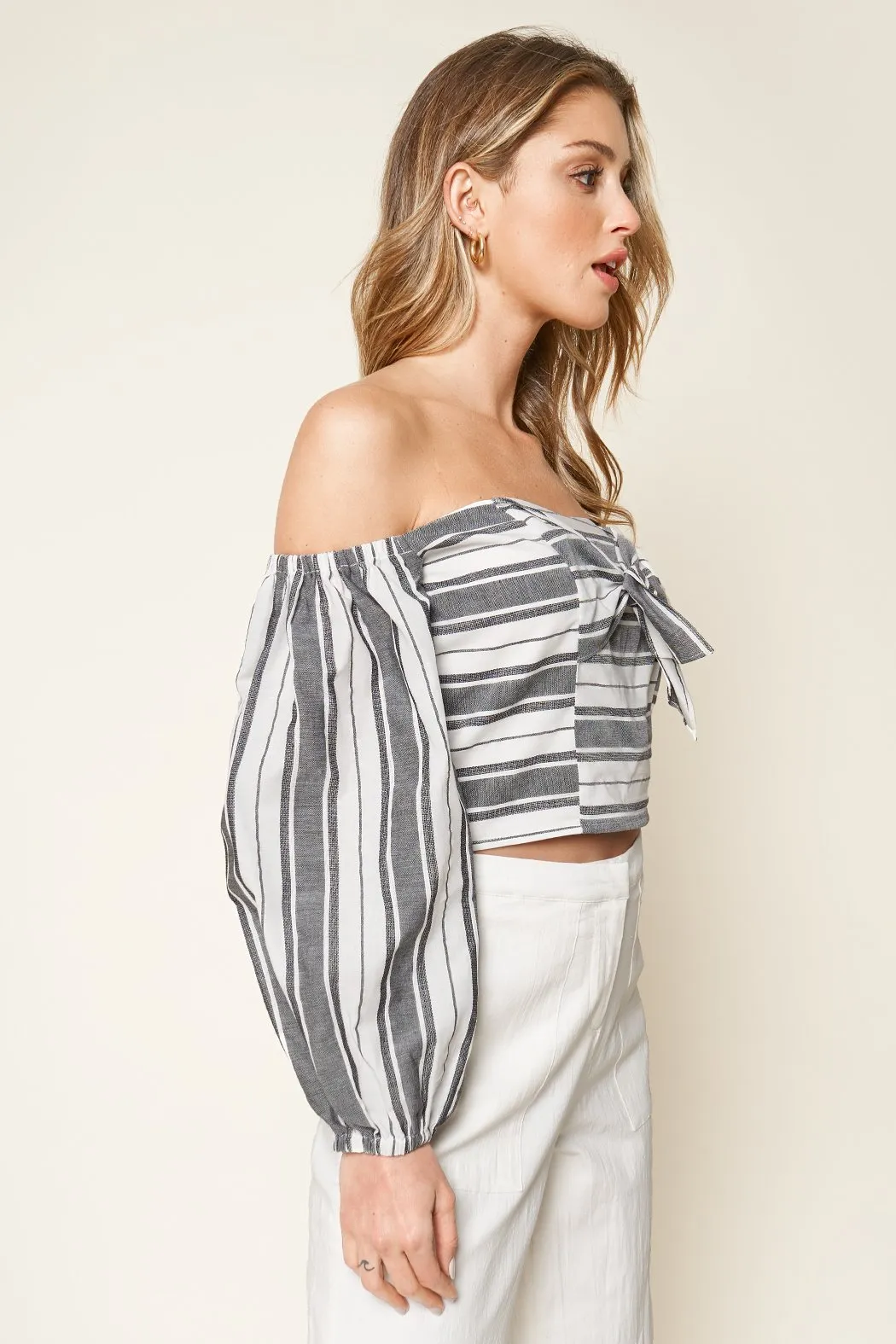 Urisa Black Striped Off The Shoulder Crop Top