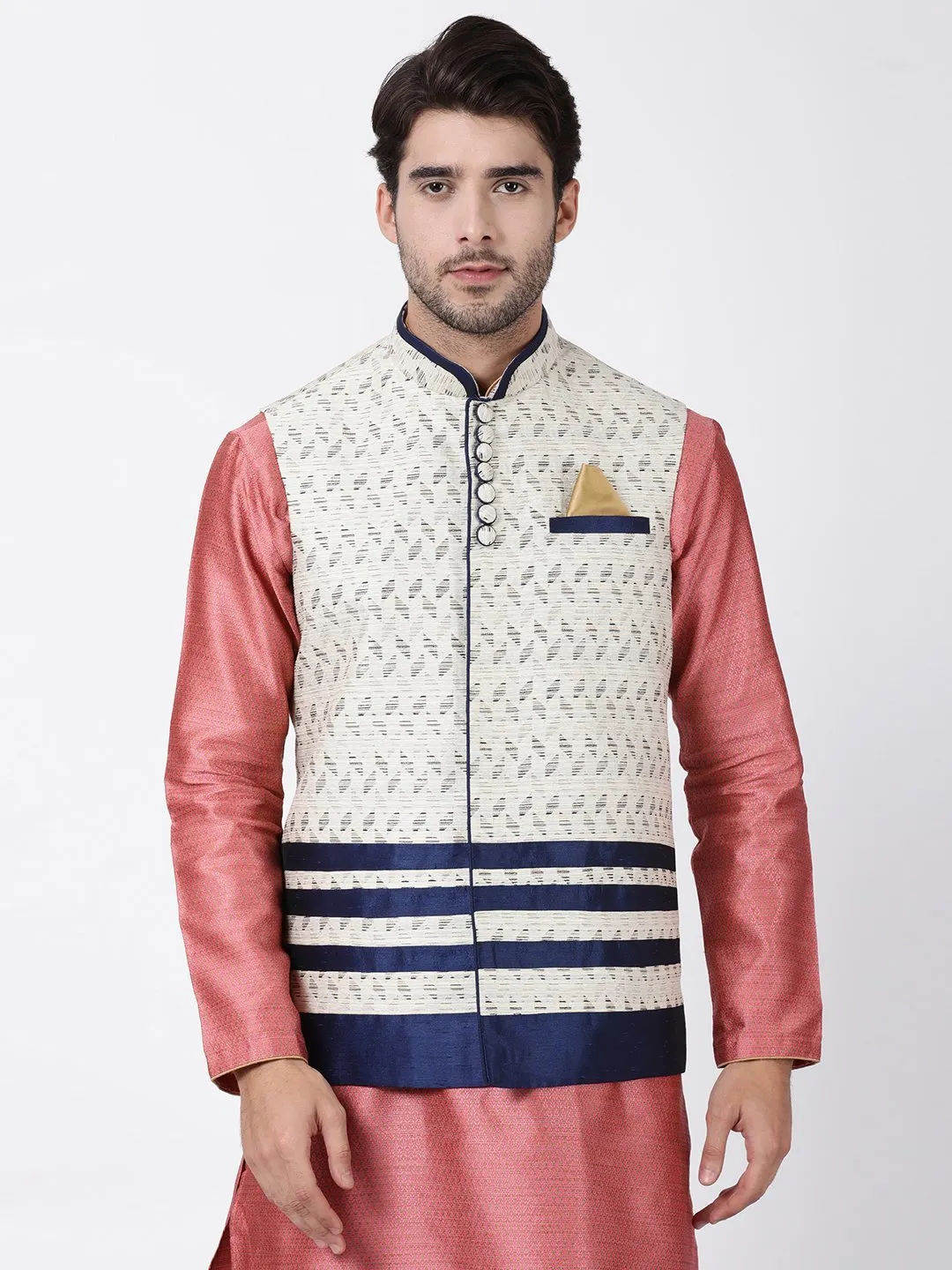 VASTRAMAY Men's White Cotton Silk Blend Ethnic Jacket