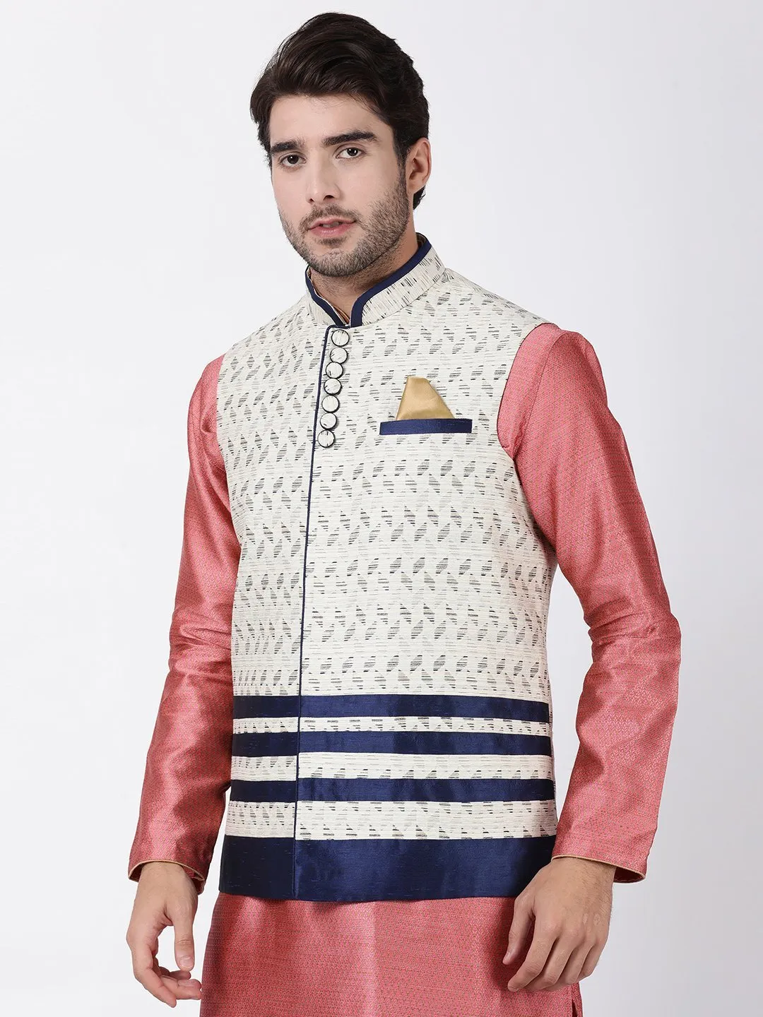 VASTRAMAY Men's White Cotton Silk Blend Ethnic Jacket