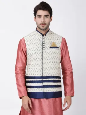 VASTRAMAY Men's White Cotton Silk Blend Ethnic Jacket