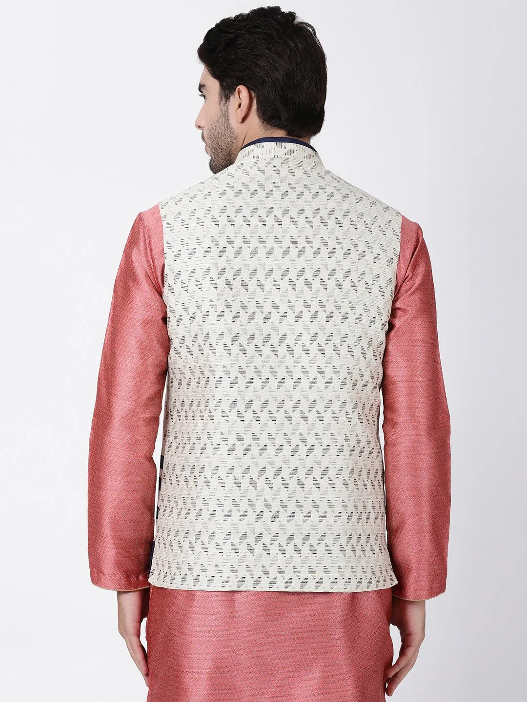 VASTRAMAY Men's White Cotton Silk Blend Ethnic Jacket