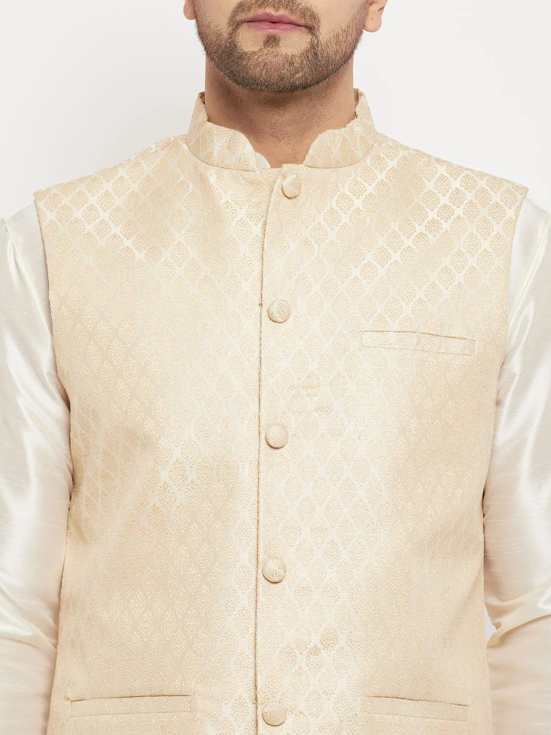 VM BY VASTRAMAY Men's Cream Silk Blend Jacket with Kurta Pant Set