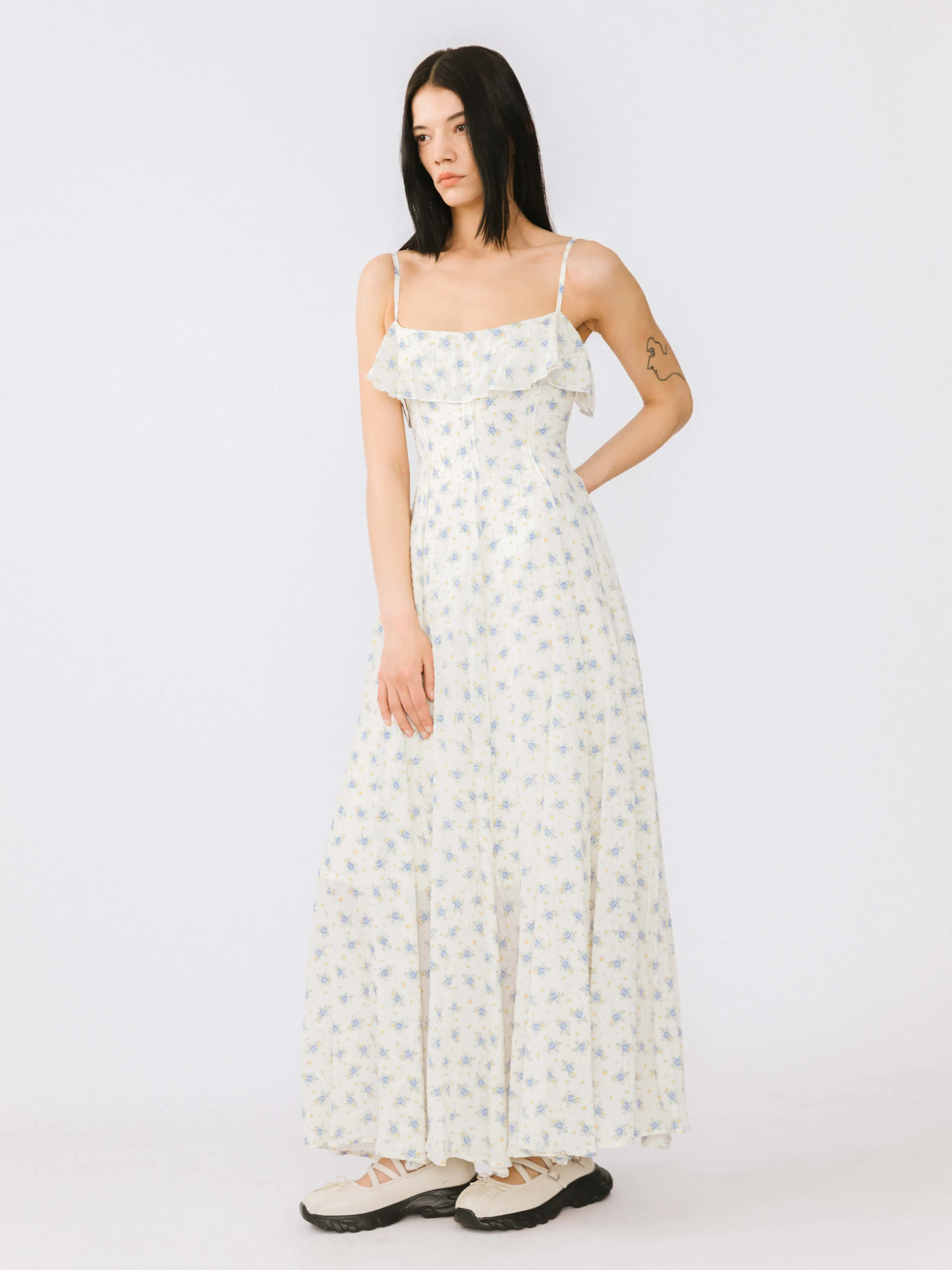 Waist Gathered Floral Sling Dress