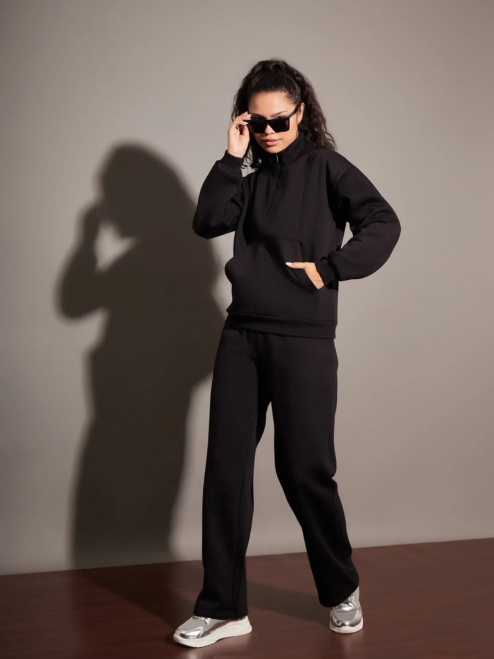 Women Black Fleece Front Zipper Sweatshirt