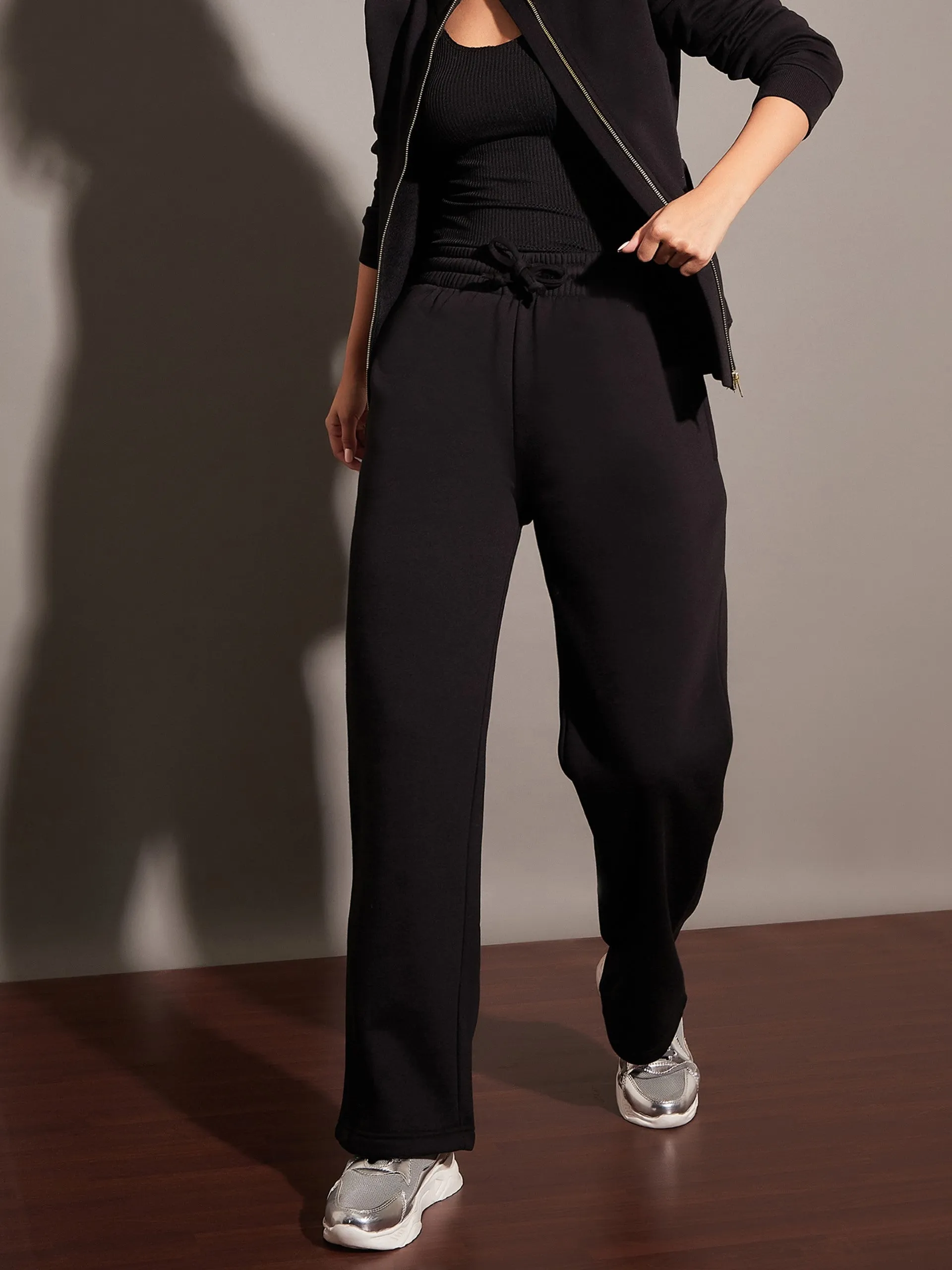 Women Black Fleece Track Pants