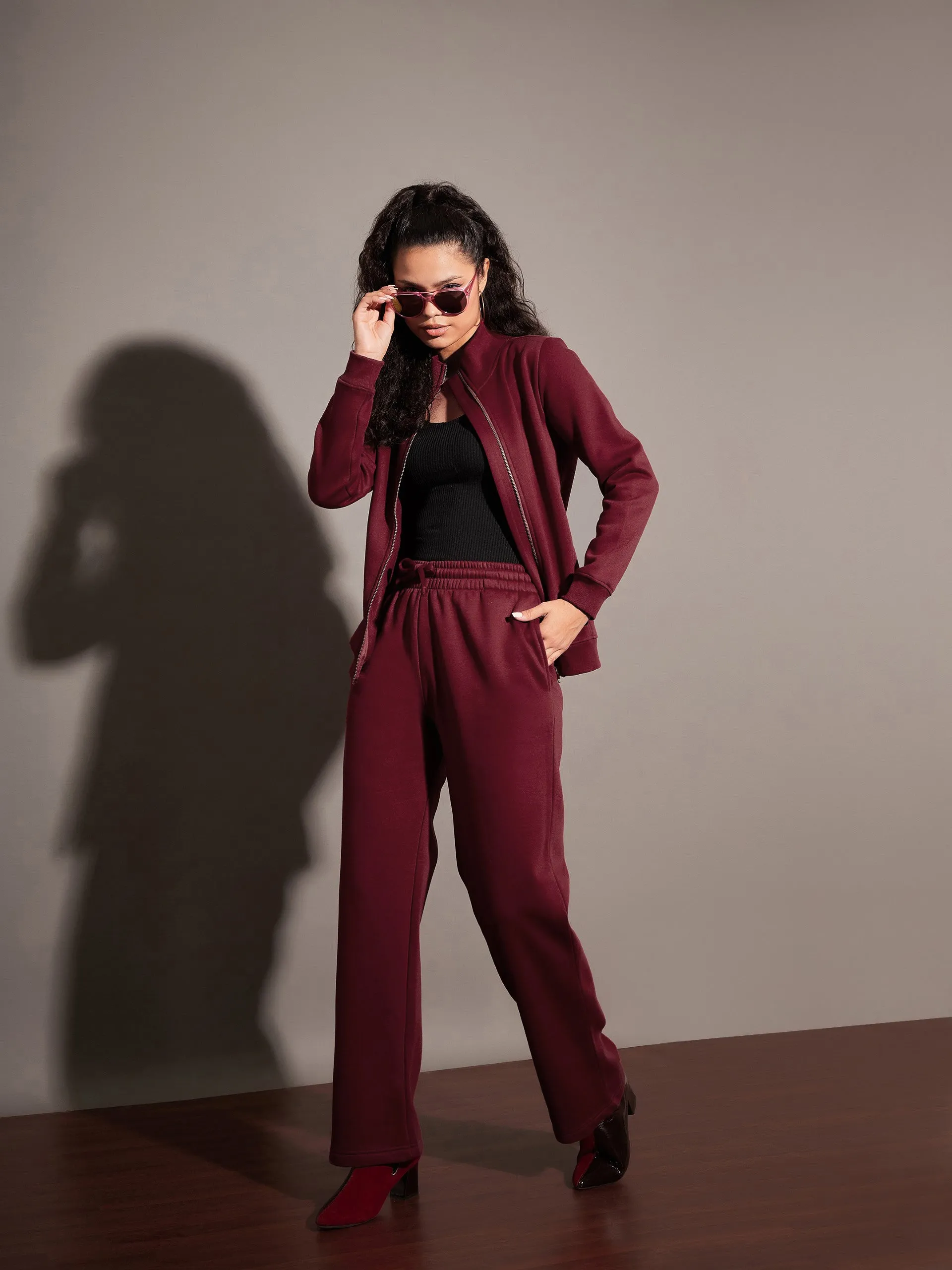 Women Maroon Fleece Track Pants