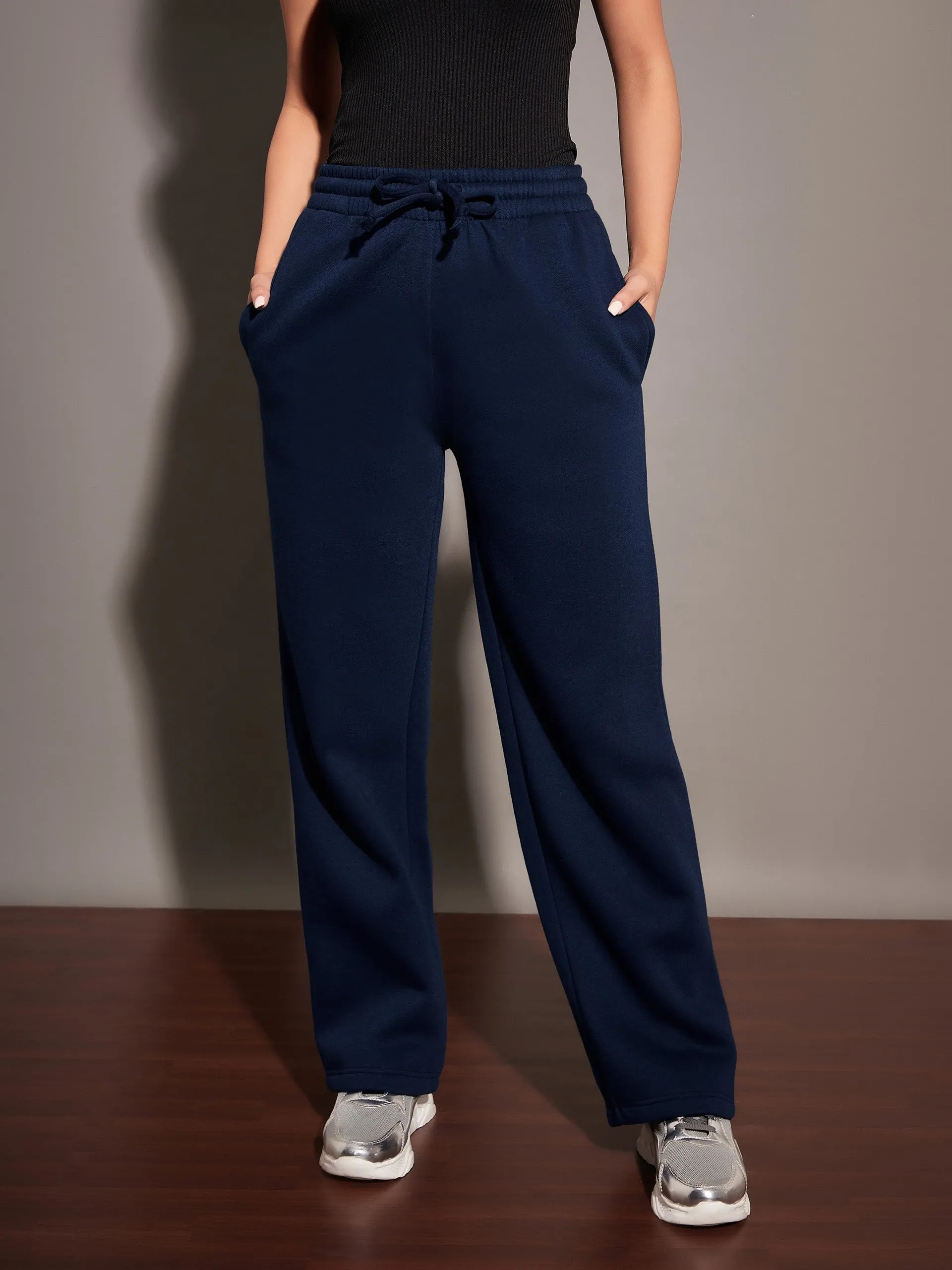 Women Navy Fleece Track Pants