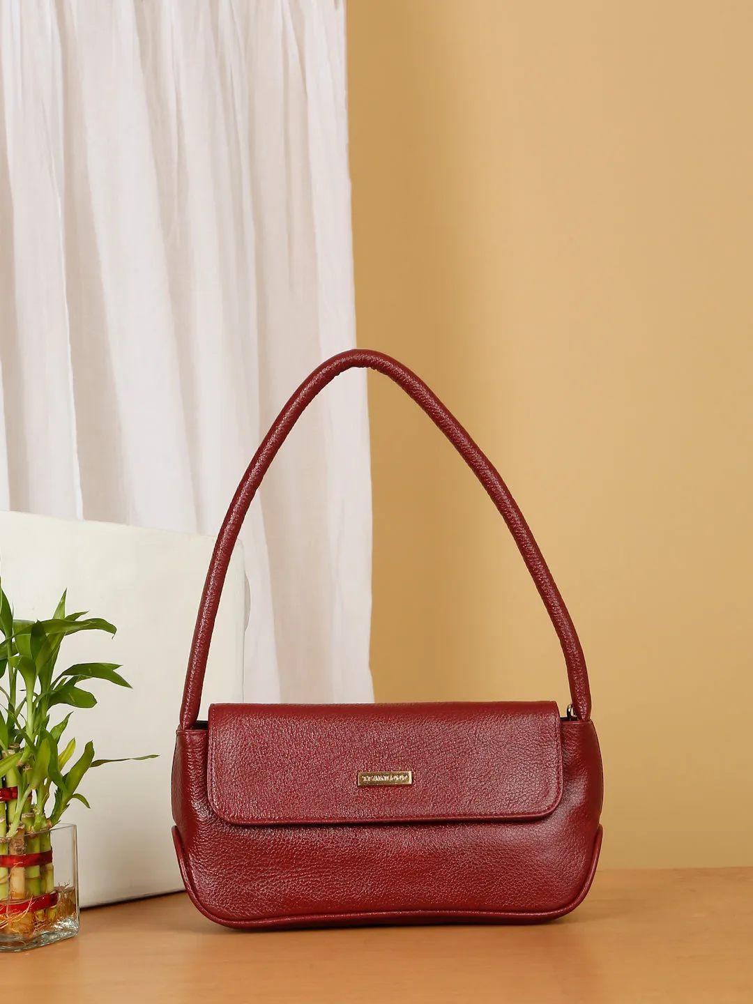 Women Red Texture Leather Structured Sling Bag