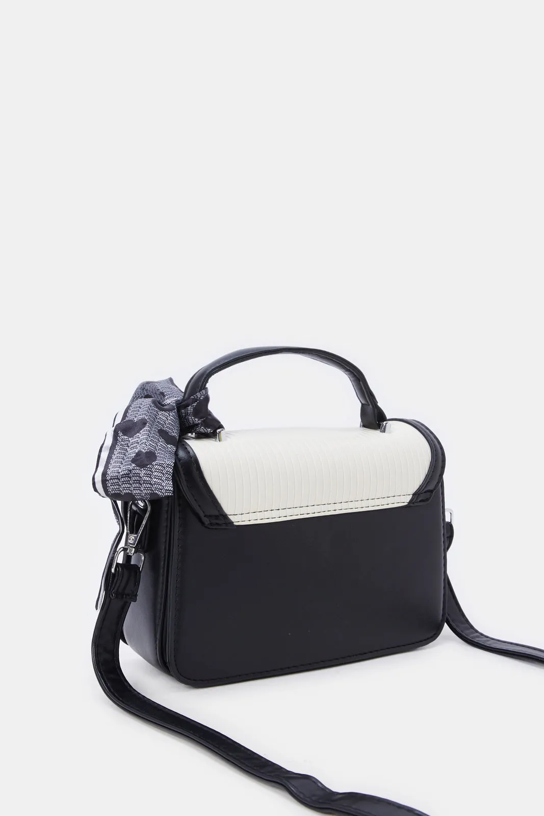 Women White And Black Embellished Handbag With Scarf