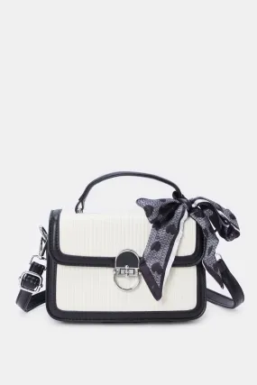 Women White And Black Embellished Handbag With Scarf