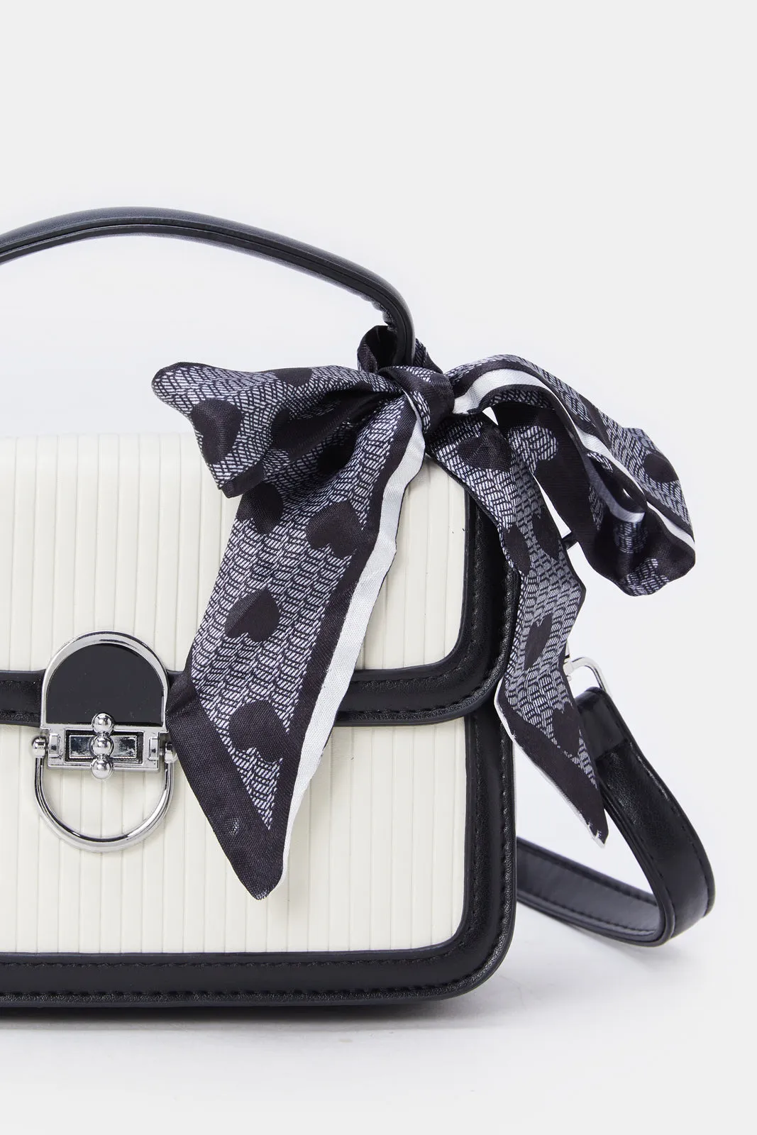 Women White And Black Embellished Handbag With Scarf