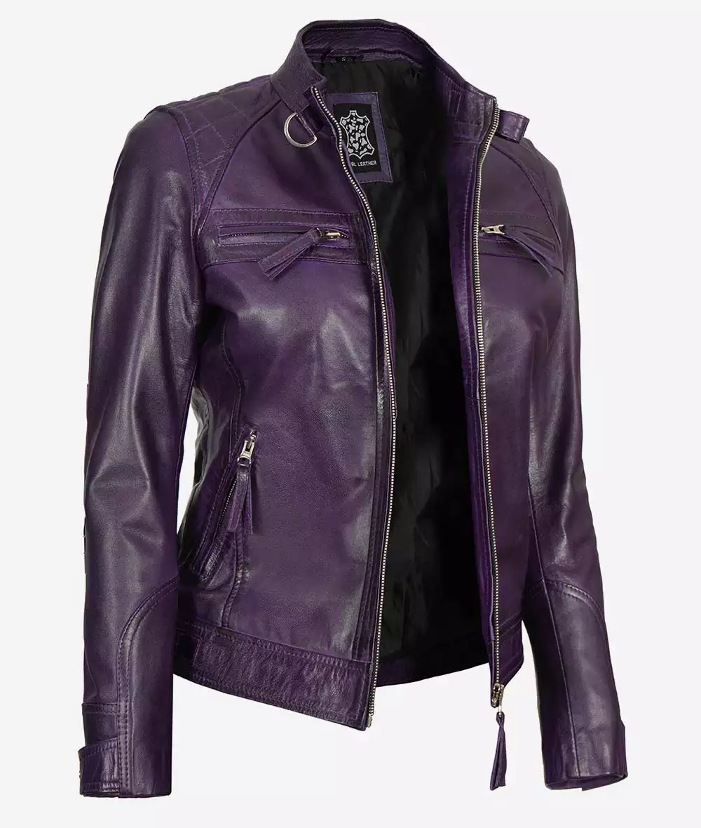 Women's Purple Cafe Racer Leather Jacket - Quilted Shoulder