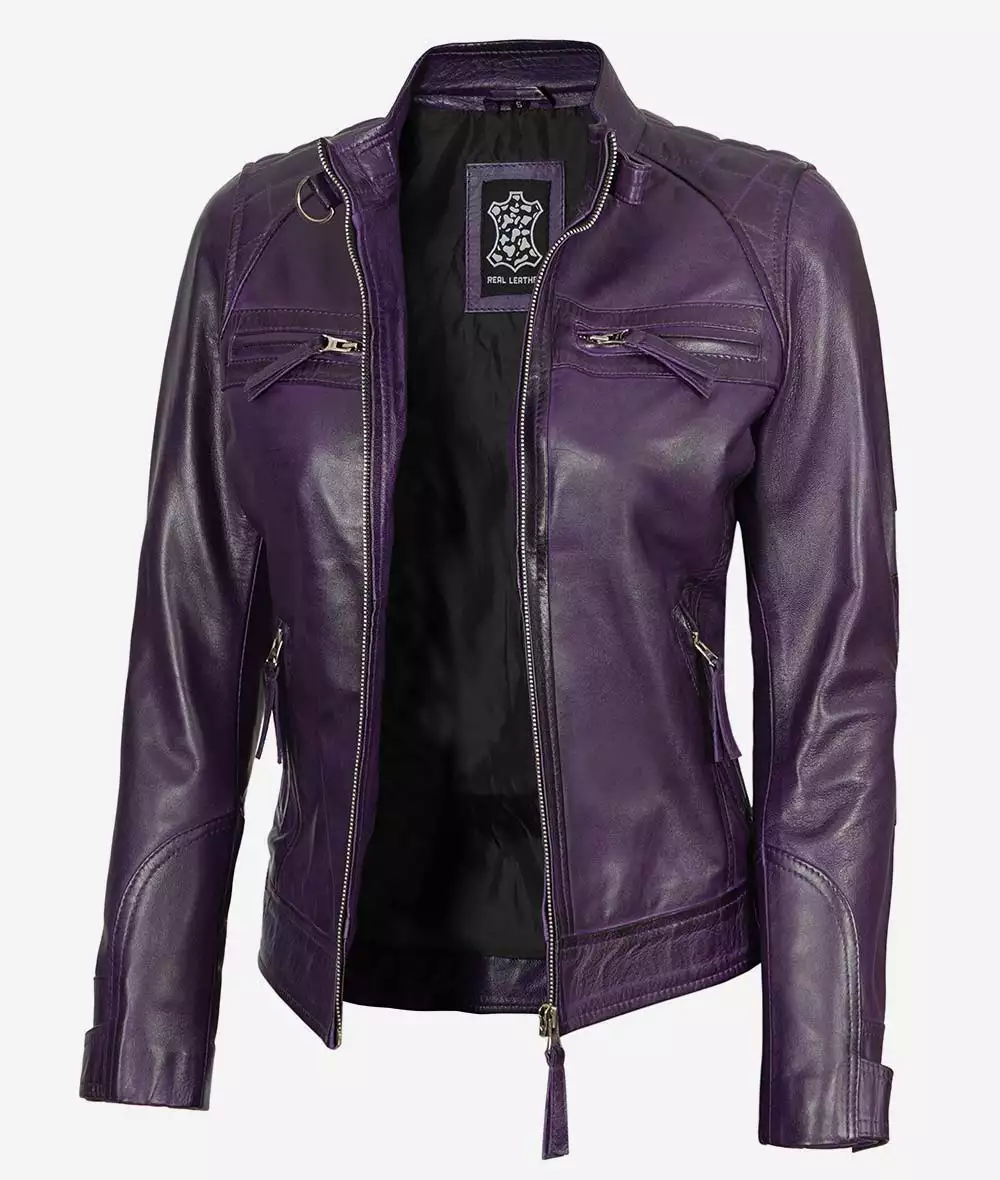 Women's Purple Cafe Racer Leather Jacket - Quilted Shoulder