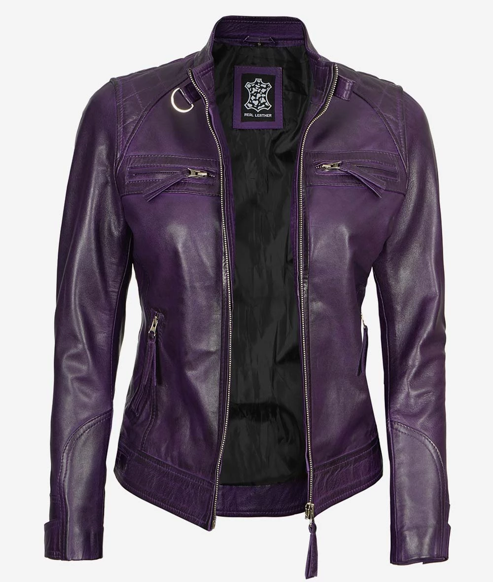 Women's Purple Cafe Racer Leather Jacket - Quilted Shoulder