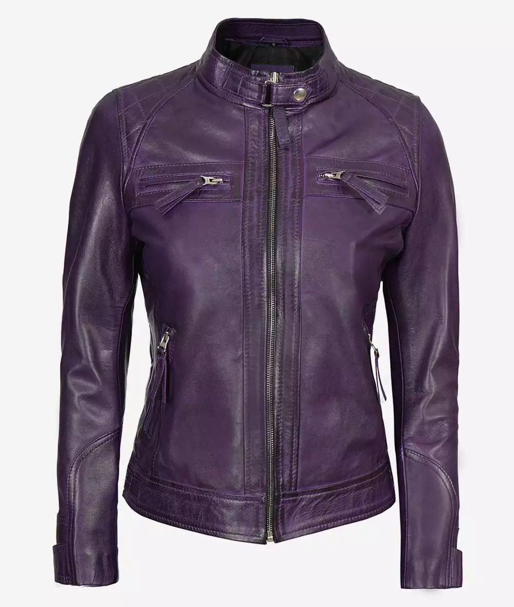 Women's Purple Cafe Racer Leather Jacket - Quilted Shoulder