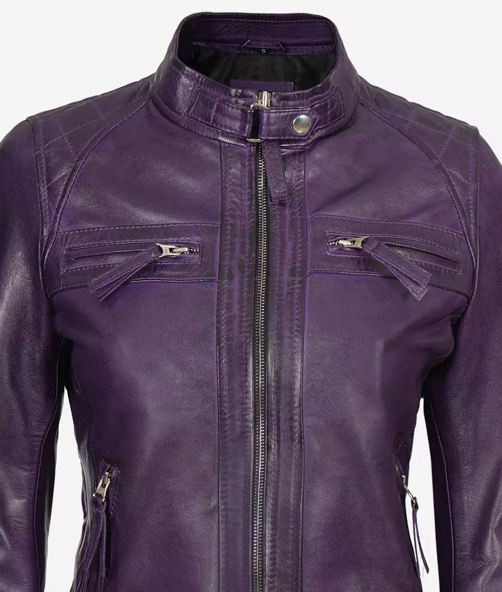 Women's Purple Cafe Racer Leather Jacket - Quilted Shoulder