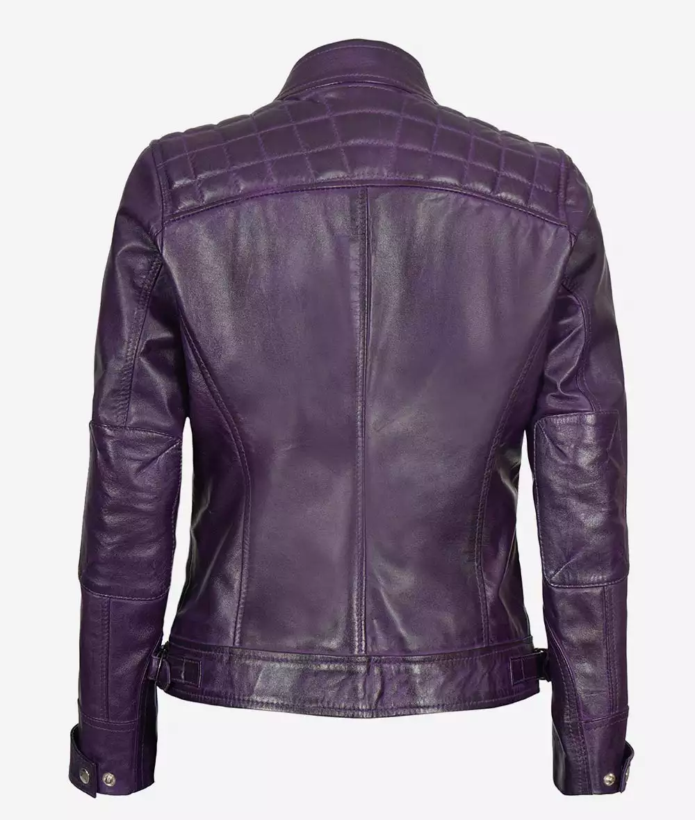 Women's Purple Cafe Racer Leather Jacket - Quilted Shoulder