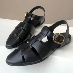 Women's Black Roman Cutout Genuine Leather Casual Strap Sandals