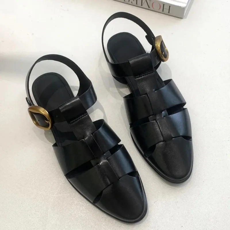 Women's Black Roman Cutout Genuine Leather Casual Strap Sandals