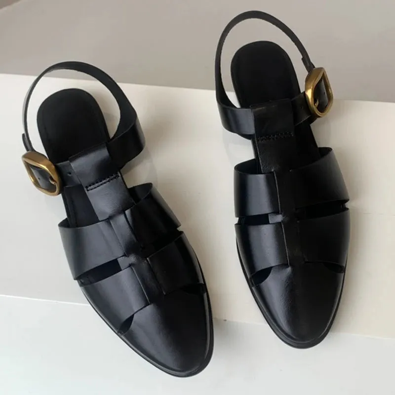 Women's Black Roman Cutout Genuine Leather Casual Strap Sandals