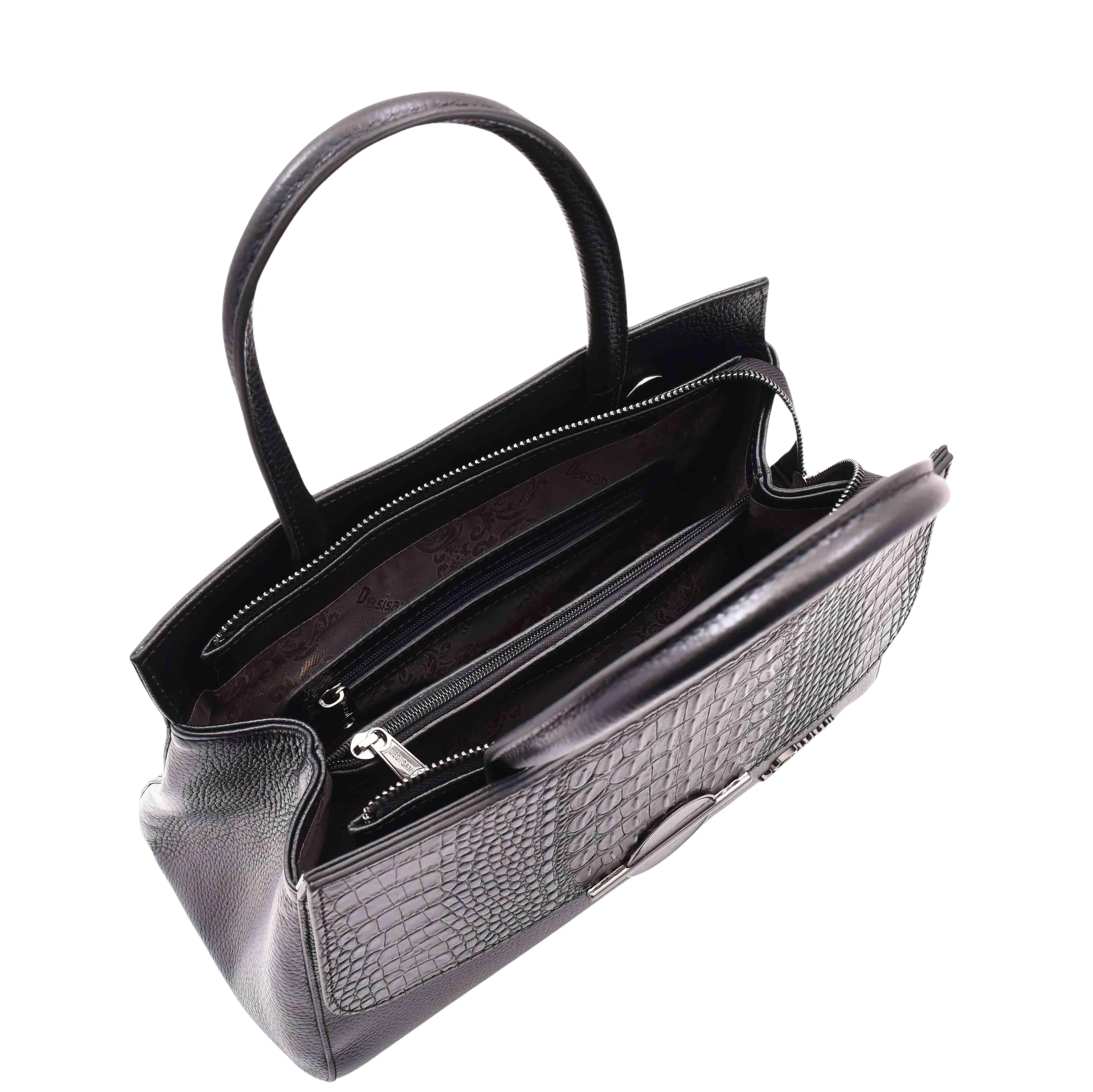 Womens Real Leather Croc Print Handbag Long Strap CAROL Black