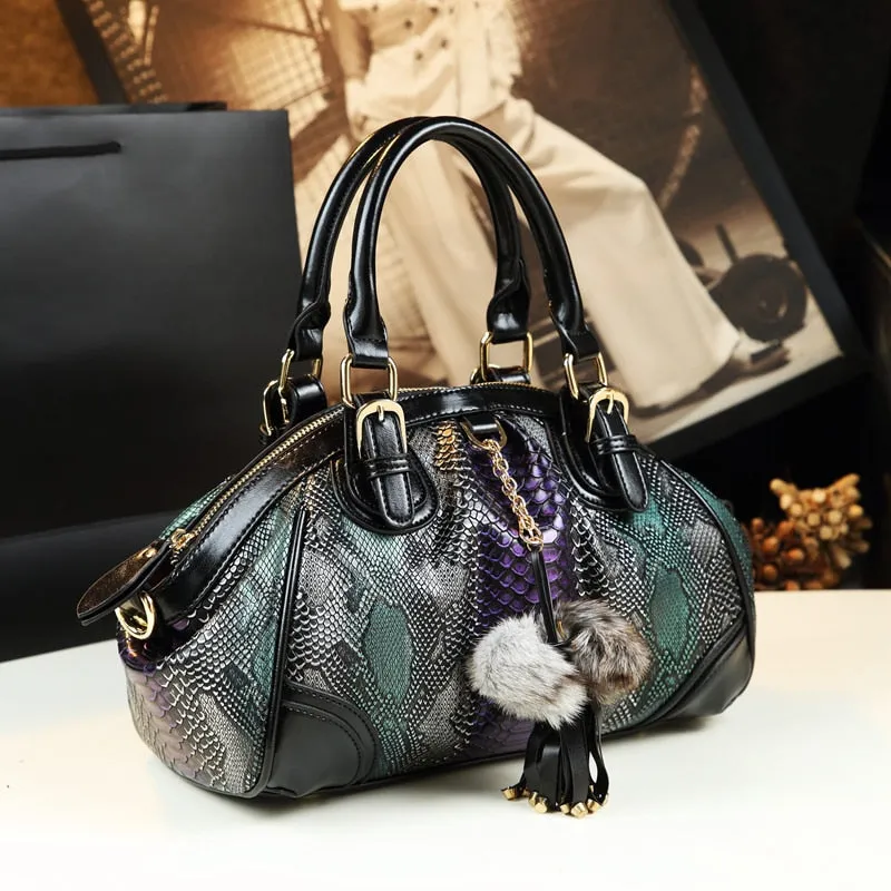 Women's Serpentine Pattern Leather Tassel Dumpling Portable Handbag