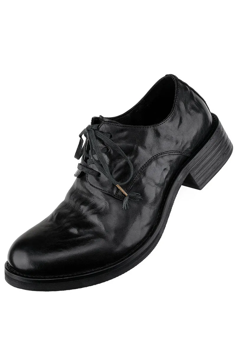 Wrinkled Leather Pointed Derby Shoes