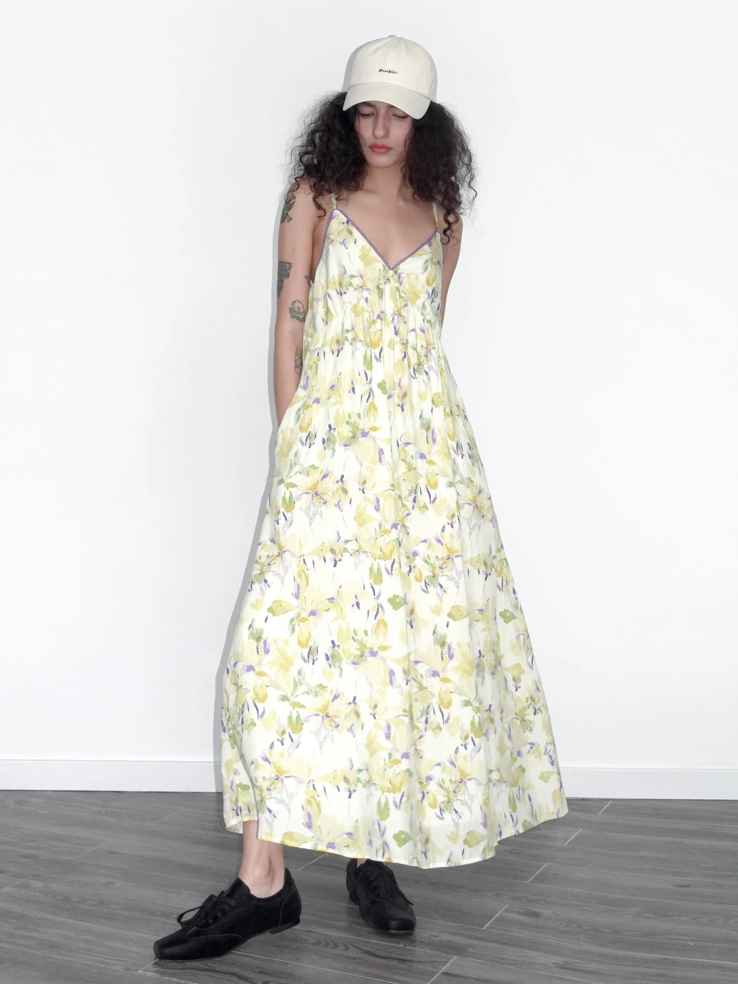 Yellow Floral Printed Sling Dress